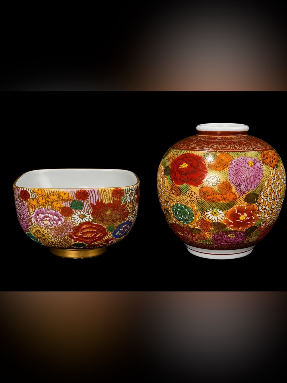 Vintage Japanese Kutani Hanazume 1000 Flowers Millefleur Vase & Matching Bowl